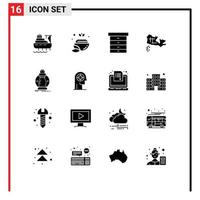 Pack of 16 Modern Solid Glyphs Signs and Symbols for Web Print Media such as lower cost decor consumption map Editable Vector Design Elements