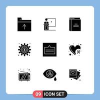 9 Universal Solid Glyphs Set for Web and Mobile Applications money cogs speaker reading library Editable Vector Design Elements