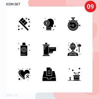 Modern Set of 9 Solid Glyphs Pictograph of cinema room launch bath stopwatch Editable Vector Design Elements