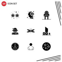 Group of 9 Solid Glyphs Signs and Symbols for analyst advisor mind adviser suit Editable Vector Design Elements