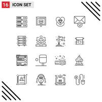 Modern Set of 16 Outlines Pictograph of server data diamond valentine mail Editable Vector Design Elements