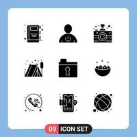 Pack of 9 Modern Solid Glyphs Signs and Symbols for Web Print Media such as private folder camera tent camping Editable Vector Design Elements