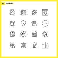 Group of 16 Outlines Signs and Symbols for money setting timer page gear Editable Vector Design Elements