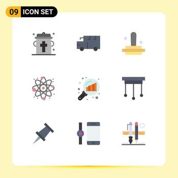 Pictogram Set of 9 Simple Flat Colors of graph magnifying data analyzing business science physics Editable Vector Design Elements