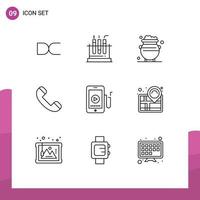 Pack of 9 Modern Outlines Signs and Symbols for Web Print Media such as music phone fortune contact money Editable Vector Design Elements