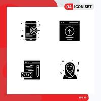 Pack of 4 Modern Solid Glyphs Signs and Symbols for Web Print Media such as goal coding mobile message web Editable Vector Design Elements