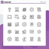 User Interface Pack of 25 Basic Lines of global gear marketing setting smart Editable Vector Design Elements