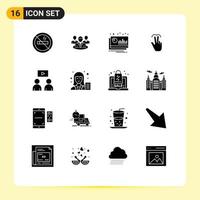 16 User Interface Solid Glyph Pack of modern Signs and Symbols of man touch chart mobile gestures Editable Vector Design Elements