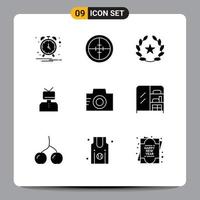 Editable Vector Line Pack of 9 Simple Solid Glyphs of camera happy cinema esteem affirmation Editable Vector Design Elements