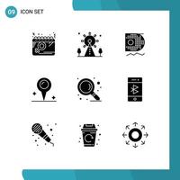 Universal Icon Symbols Group of 9 Modern Solid Glyphs of search marker sign location mining Editable Vector Design Elements