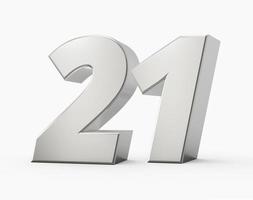 Silver 3d numbers 21 Twenty one. Isolated white background 3d illustration photo