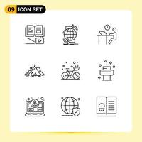 Editable Vector Line Pack of 9 Simple Outlines of mountain flag web achievement person Editable Vector Design Elements