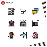 Mobile Interface Filledline Flat Color Set of 9 Pictograms of corporation building chat shop building Editable Vector Design Elements