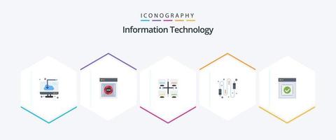 Information Technology 25 Flat icon pack including connection. cable. safe box. audio. local vector