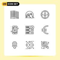 9 Universal Outline Signs Symbols of reminder mobile mountain security network Editable Vector Design Elements