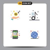 Set of 4 Vector Flat Icons on Grid for hand education cash musical learning apps Editable Vector Design Elements