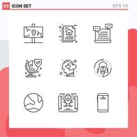 Modern Set of 9 Outlines Pictograph of security world document valentine robot Editable Vector Design Elements