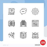 Group of 9 Modern Outlines Set for building address create world wide television Editable Vector Design Elements