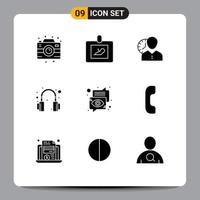 9 Universal Solid Glyph Signs Symbols of headphones user clock timing schedule Editable Vector Design Elements