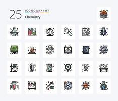 química 25 línea lleno icono paquete incluso laboratorio. químico. química. portapapeles. experimentar vector