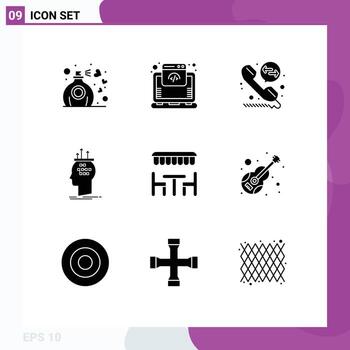 Editable Vector Line Pack of 9 Simple Solid Glyphs of dinner thinking call deflection process brain Editable Vector Design Elements
