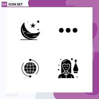 Pack of 4 creative Solid Glyphs of moon globe night chating connect Editable Vector Design Elements