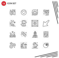 Modern Set of 16 Outlines Pictograph of baseball send power phone email Editable Vector Design Elements