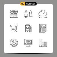 9 Universal Outlines Set for Web and Mobile Applications pencil graduation wind education cube Editable Vector Design Elements