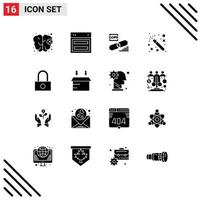 Pack of 16 Modern Solid Glyphs Signs and Symbols for Web Print Media such as password wizards clip wizard security Editable Vector Design Elements