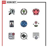 Set of 9 Modern UI Icons Symbols Signs for globe technology animal security locked Editable Vector Design Elements