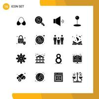 User Interface Pack of 16 Basic Solid Glyphs of no security sound locked pin Editable Vector Design Elements