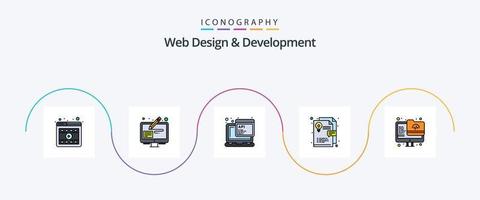 Web Design And Development Line Filled Flat 5 Icon Pack Including monitor. archive. api. graphic design. idea vector