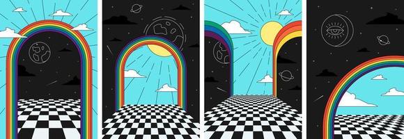 retro maravilloso arco iris en espacio Arte póster colocar. hippie estilo Dom y Luna en surrealista cósmico arco huellas dactilares. Clásico boho universo en resumen puerta pancartas de moda y2k popular cultura imaginario eps pancartas vector