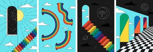 Retro groovy rainbow space stairs art poster set. Hippie style sun and moon in surreal cosmic prints. Vintage boho universe in abstract window placards. Trendy y2k pop culture geometric eps banners vector