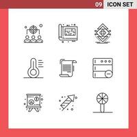 Mobile Interface Outline Set of 9 Pictograms of document thermometer print medical science Editable Vector Design Elements