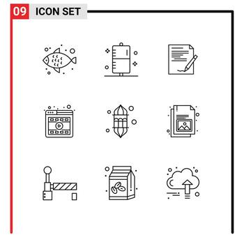 User Interface Pack of 9 Basic Outlines of lantern video agreement player report Editable Vector Design Elements