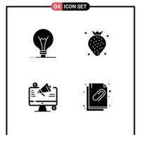 Universal Icon Symbols Group of 4 Modern Solid Glyphs of idea social media lightbulb fruit megaphone Editable Vector Design Elements