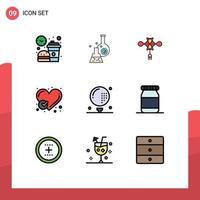 Mobile Interface Filledline Flat Color Set of 9 Pictograms of heart checked tube report chinese Editable Vector Design Elements