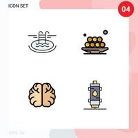 4 Universal Filledline Flat Color Signs Symbols of swimming brain serves lunch hemisphere Editable Vector Design Elements