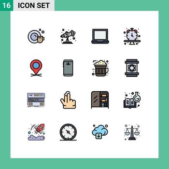 Pictogram Set of 16 Simple Flat Color Filled Lines of pointer location laptop time schedule Editable Creative Vector Design Elements