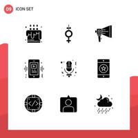 9 Thematic Vector Solid Glyphs and Editable Symbols of player smart digital phone speaker Editable Vector Design Elements