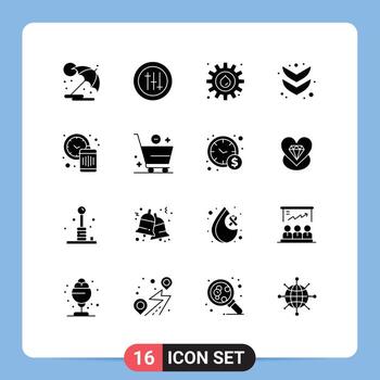 Mobile Interface Solid Glyph Set of 16 Pictograms of waste management gear clock down Editable Vector Design Elements
