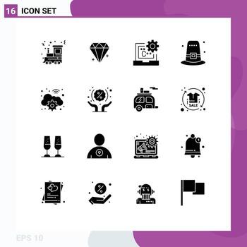móvil interfaz sólido glifo conjunto de dieciséis pictogramas de nube fiesta C sombrero desarrollo editable vector diseño elementos