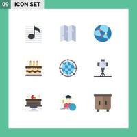 Mobile Interface Flat Color Set of 9 Pictograms of network global internet data cake Editable Vector Design Elements