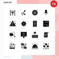 Mobile Interface Solid Glyph Set of 16 Pictograms of alert sound king microphone rice Editable Vector Design Elements