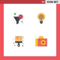 Set of 4 Vector Flat Icons on Grid for data filter lightbulb gear filter business brush Editable Vector Design Elements