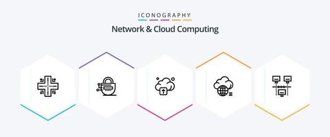 Network And Cloud Computing 25 Line icon pack including sharing. connection. upload. technology. light vector