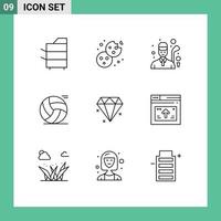 Set of 9 Vector Outlines on Grid for diamond sport food basketball game Editable Vector Design Elements