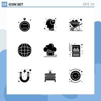 Mobile Interface Solid Glyph Set of 9 Pictograms of cloud folder pie chart worldwide globe Editable Vector Design Elements