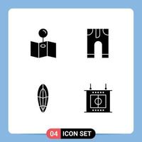 Universal Icon Symbols Group of 4 Modern Solid Glyphs of map surfing clothes recreation game Editable Vector Design Elements